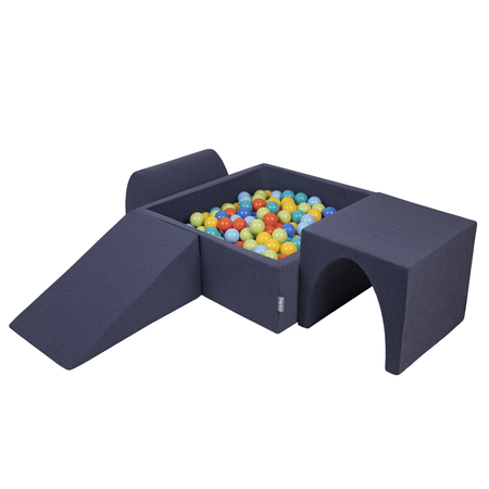 KiddyMoon Foam Playground for Kids with Square Ballpit and Balls, Darkblue: Lgreen/ Orange/ Turquoise/ Blue/ Bblue/ Yellow