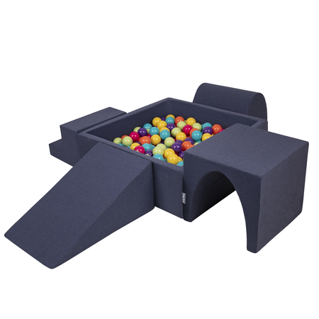 KiddyMoon Foam Playground for Kids with Square Ballpit and Balls, Darkblue: Lgreen/ Yellow/ Turquoi/ Orange/ Dpink/ Purple