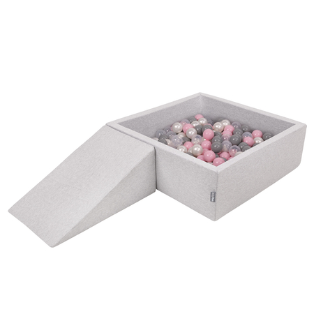 KiddyMoon Foam Playground for Kids with Square Ballpit and Balls, Lightgrey: Pearl/ Grey/ Transparent/ Powderpink