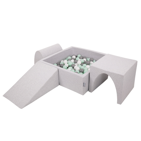 KiddyMoon Foam Playground for Kids with Square Ballpit and Balls, Lightgrey: White/ Grey/ Mint