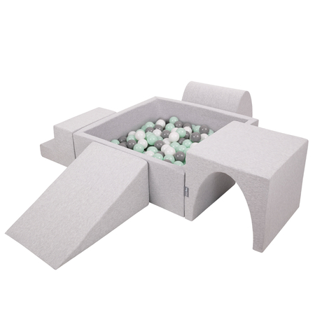KiddyMoon Foam Playground for Kids with Square Ballpit and Balls, Lightgrey: White/ Grey/ Mint