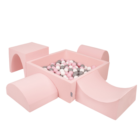 KiddyMoon Foam Playground for Kids with Square Ballpit and Balls, Pink: White/ Grey/ Powder Pink