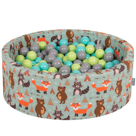 KiddyMoon Soft Ball Pit Round 7Cm /  2.75In For Kids, Foam Ball Pool Baby Playballs Children, Made In The EU, Fox-Green: Light Green/ Light Turquoise/ Grey