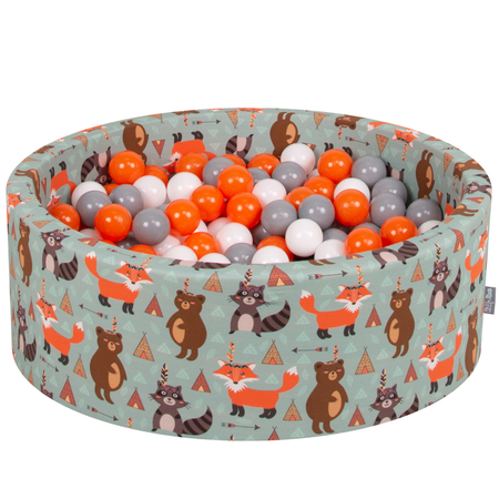 KiddyMoon Soft Ball Pit Round 7Cm /  2.75In For Kids, Foam Ball Pool Baby Playballs Children, Made In The EU, Fox-Green: Orange/ Grey/ White