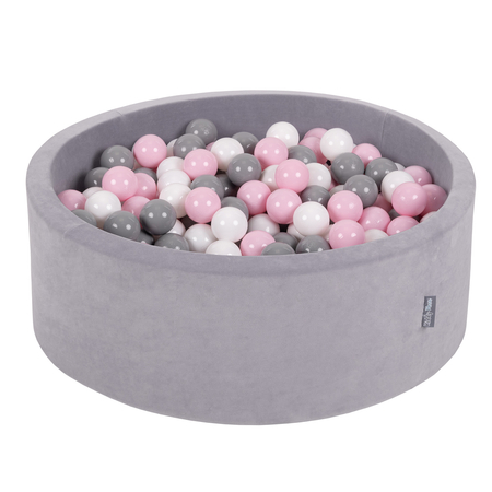 KiddyMoon Soft Ball Pit Round 7cm /  2.75In for Kids, Foam Velvet Ball Pool Baby Playballs, Made In The EU, Grey Mountains: White/ Grey/ Powder Pink