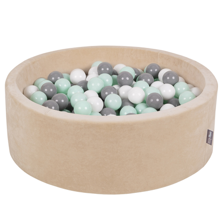 KiddyMoon Soft Ball Pit Round 7cm /  2.75In for Kids, Foam Velvet Ball Pool Baby Playballs, Sand Beige: White/ Grey/ Mint