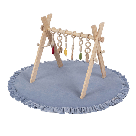 KiddyMoon Wooden Baby Gym for Newborns with Play Mat BT-001, Natural With Ice Blue Play Mat