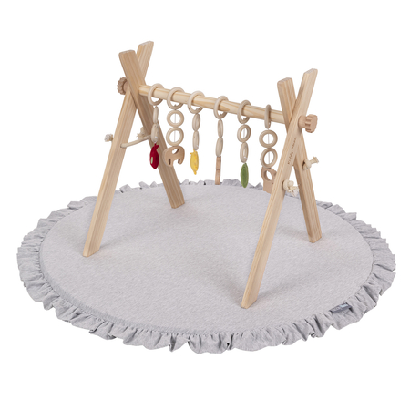 KiddyMoon Wooden Baby Gym for Newborns with Play Mat BT-001, Natural With Light Grey Play Mat