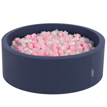 KiddyMoon round foam ballpit with star-shaped plastic balls for kids, Dark Blue: Light Pink/ Pearl/ Transparent