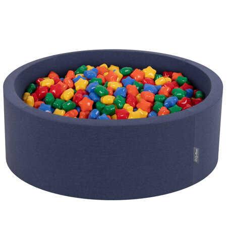 KiddyMoon round foam ballpit with star-shaped plastic balls for kids, Dark Blue: Yellow/ Green/ Blue/ Red/ Orange