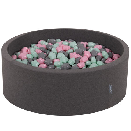 KiddyMoon round foam ballpit with star-shaped plastic balls for kids, Dark Grey: Light Pink/ Grey/ Mint