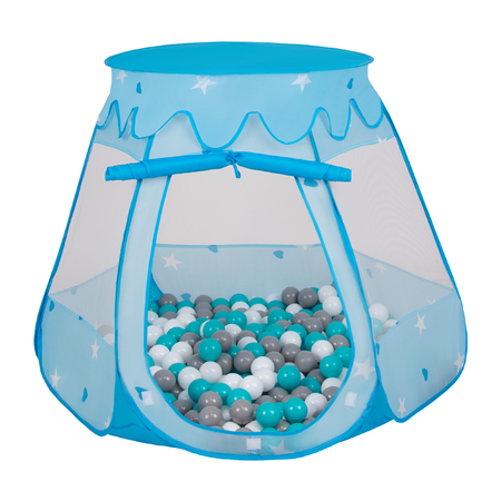 Play Tent Castle House Pop Up Ballpit Shell Plastic Balls For Kids, Blue:White-Grey-Turquoise