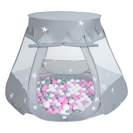 Play Tent Castle House Pop Up Ballpit Shell Plastic Balls For Kids, Grey:Grey-White-Pink