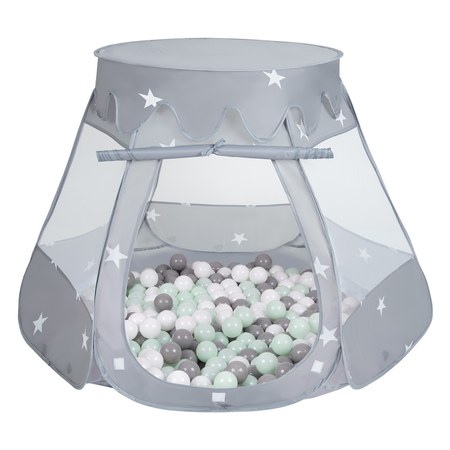 Play Tent Castle House Pop Up Ballpit Shell Plastic Balls For Kids, Grey: White/ Grey/ Mint