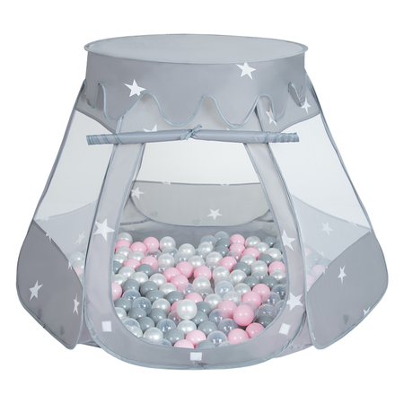 Play Tent For Kids Castle Baby Playhouse For Children With Colorful Balls Pop Up Perfect For Indoor And Outdoor Easy Set Up Includes Carry Bag, Grey: Pearl-Grey-Transparent-Powder Pink