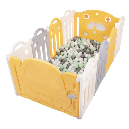 Playpen Box Foldable for Children with Plastic Colourful Balls, White-Yellow: White/ Grey/ Mint