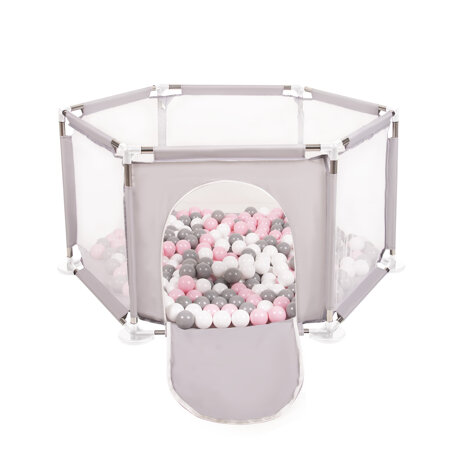 hexagon 6 side play pen with plastic balls, Grey: White/ Grey/ Powder Pink