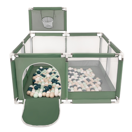 square play pen filled with plastic balls basketball, Green: Dark Turquoise/ Pastel Beige/ White/ Mint