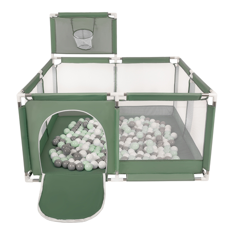 square play pen filled with plastic balls basketball, Green: White/ Grey/ Mint