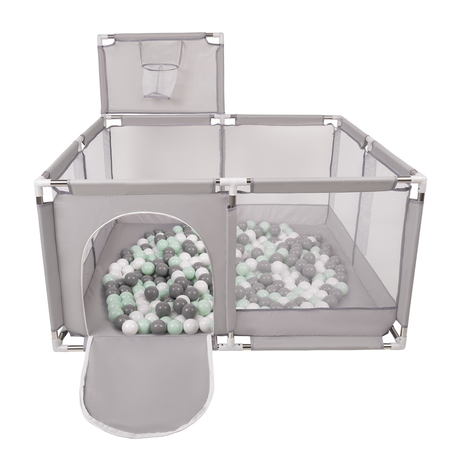 square play pen filled with plastic balls basketball, Grey: White/ Grey/ Mint