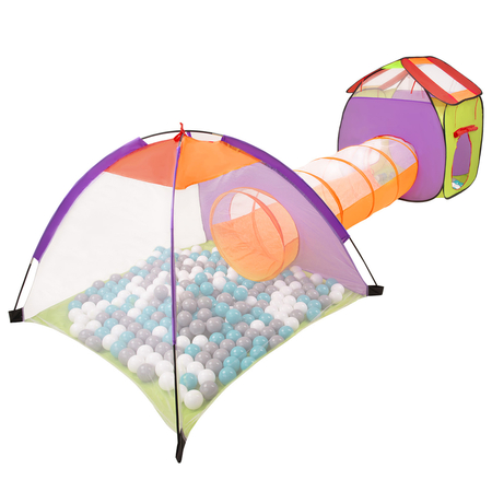 3in1 Play Tent with Tunnel Playground Ball Pit with Balls for Kids, Multicolour:grey/white/turquoise, 100 balls