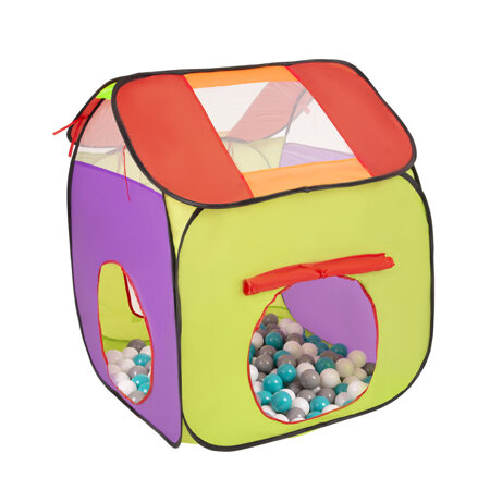 3in1 Play Tent with Tunnel Playground Ball Pit with Balls for Kids, Multicolour:grey/white/turquoise, 100 balls