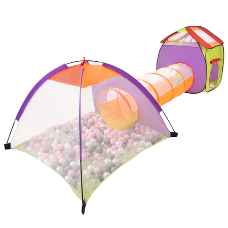 3in1 Play Tent with Tunnel Playground Ball Pit with Balls for Kids, Multicolour:pearl/grey/transparent/powder pink, 900 balls