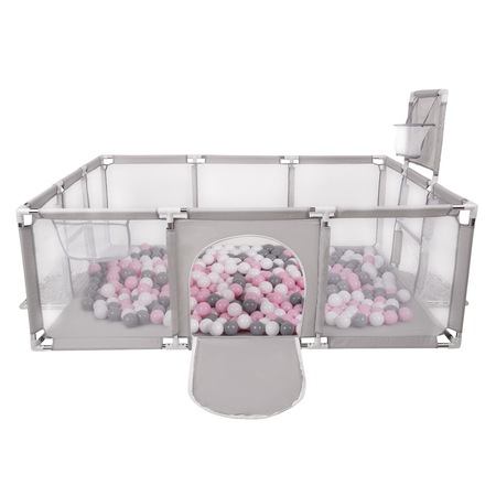 Baby Playpen Big Size Playground with Plastic Balls for Kids, Grey: White/ Grey/ Mint/ Light Pink