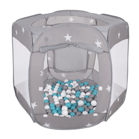 Foldable Play Pen Tent Pop Up 120x100x85cm with Balls 6cm For Kids, Grey:  Grey/ White/ Turquoise 