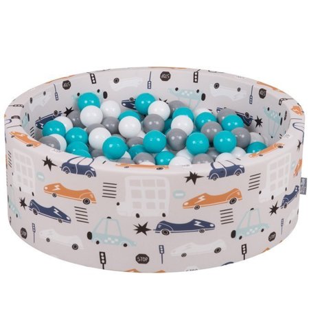 KiddyMoon Baby Ballpit with Balls 7cm /  2.75in Certified Cars, Cars-Beige: Grey/ White/ Turquoise