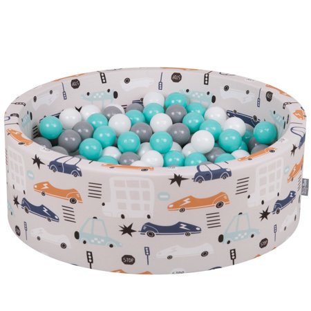 KiddyMoon Baby Ballpit with Balls 7cm /  2.75in Certified Cars, Cars-Beige: White/ Grey/ Light Turquoise