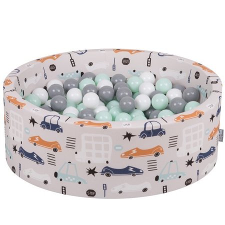 KiddyMoon Baby Ballpit with Balls 7cm /  2.75in Certified Cars, Cars-Beige: White/ Grey/ Mint
