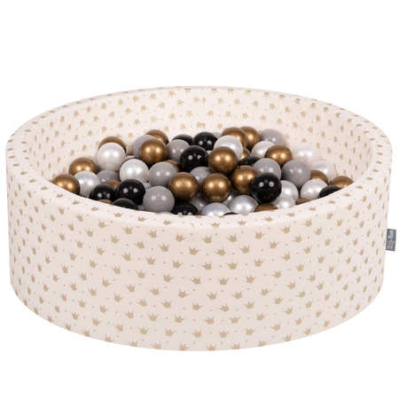 KiddyMoon Baby Ballpit with Balls 7cm /  2.75in Certified, Crown, Ecru-Gold: Black/ Pearl/ Gold/ Grey