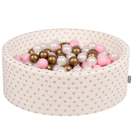KiddyMoon Baby Ballpit with Balls 7cm /  2.75in Certified, Crown, Ecru-Gold: Light Pink/ Pearl/ Gold