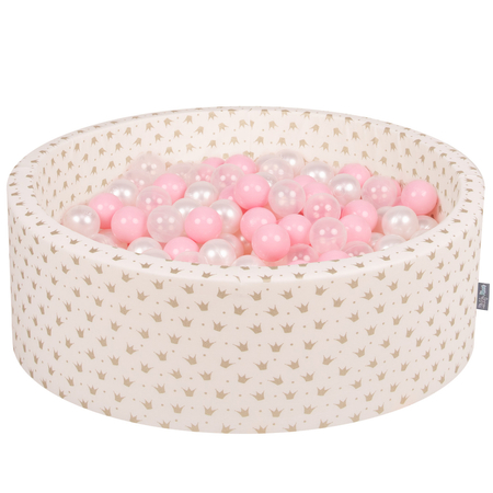 KiddyMoon Baby Ballpit with Balls 7cm /  2.75in Certified, Crown, Ecru-Gold: Light Pink/ Pearl/ Transparent