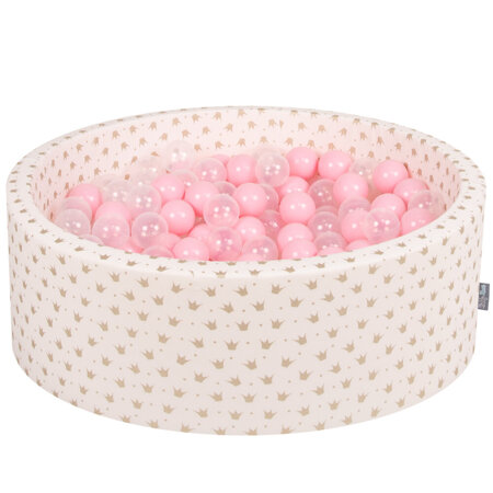 KiddyMoon Baby Ballpit with Balls 7cm /  2.75in Certified, Crown, Ecru-Gold: Light Pink/ Transparent