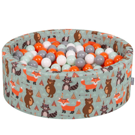 KiddyMoon Baby Ballpit with Balls 7cm /  2.75in Certified, Fox, Fox-Green: Orange/ Mint/ Grey/ White