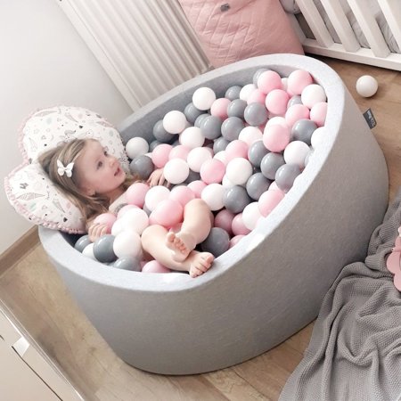 KiddyMoon Baby Foam Ball Pit 90x40 with Balls 7cm/ 2.75in Certified, Light Grey: White/ Grey/ Light Pink
