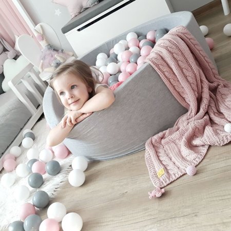 KiddyMoon Baby Foam Ball Pit 90x40 with Balls 7cm/ 2.75in Certified, Light Grey: White/ Grey/ Light Pink