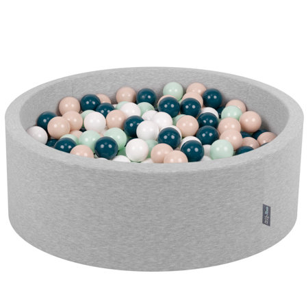 KiddyMoon Baby Foam Ball Pit with Balls 7cm /  2.75in Certified made in EU, Light Grey: Dark Turquoise/ Pastel Beige/ White/ Mint