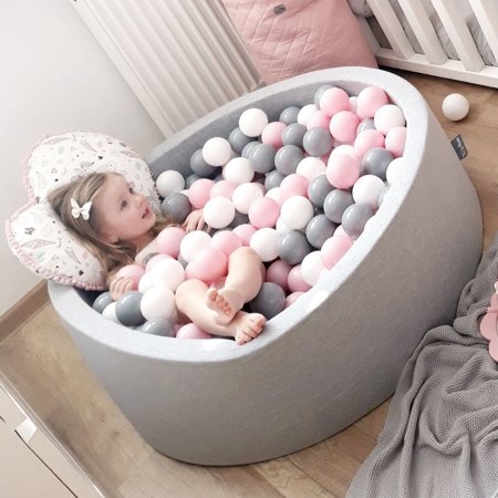 KiddyMoon Baby Foam Ball Pit with Balls 7cm /  2.75in Certified made in EU, Light Grey: White/ Grey/ Light Pink