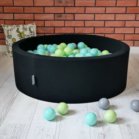 KiddyMoon Baby Foam Ball Pit with Balls 7cm /  2.75in Made in EU, Black: Light Green/ Light Turquoise/ Grey