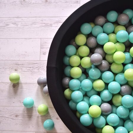 KiddyMoon Baby Foam Ball Pit with Balls 7cm /  2.75in Made in EU, Black: Light Green/ Light Turquoise/ Grey