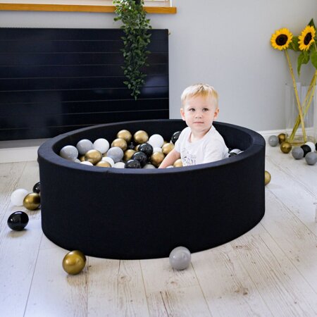 KiddyMoon Baby Foam Ball Pit with Balls 7cm /  2.75in Made in EU, Black: White/ Grey/ Black/ Gold