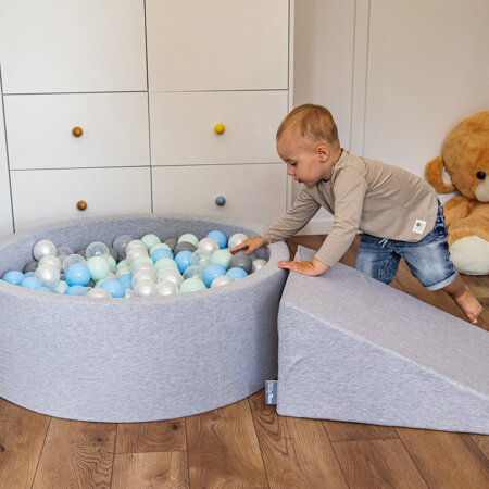 KiddyMoon Baby Foam Ball Pit with Balls 7cm /  2.75in Made in EU, Mint: White/ Grey/ Mint/ Powder Pink