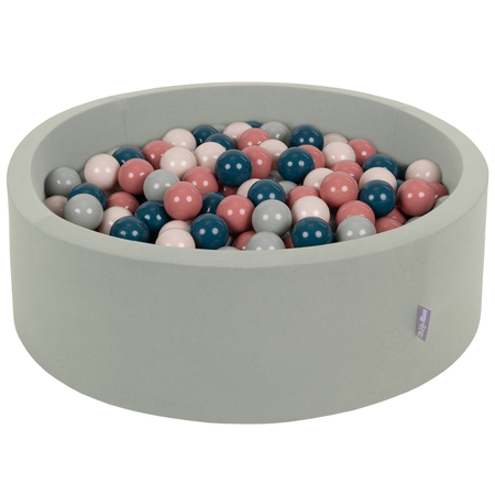 KiddyMoon Baby Foam Ball Pit with Balls 7cm /  2.75in, Sage:  Dark Turquoise/ Pastel Beige/ Green-Grey/  Salmon