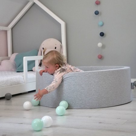 KiddyMoon Baby Foam Ball Pit with Balls 7cm /  2.75in Square, Light Grey: Pearl/ Grey/ Transparent/ Baby Blue/ Mint