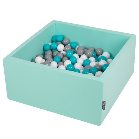 KiddyMoon Baby Foam Ball Pit with Balls 7cm /  2.75in Square, Mint: Grey/ White/ Turquoise