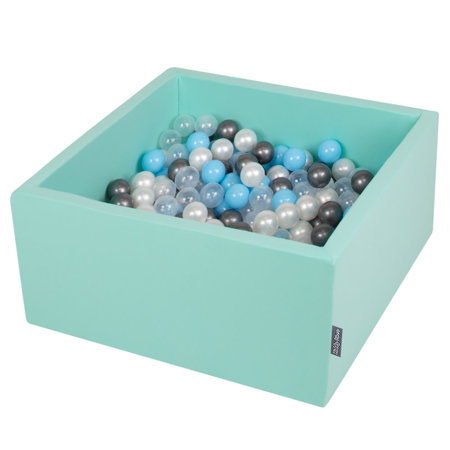 KiddyMoon Baby Foam Ball Pit with Balls 7cm /  2.75in Square, Mint: Transparent/ Silver/ Pearl/ Babyblue