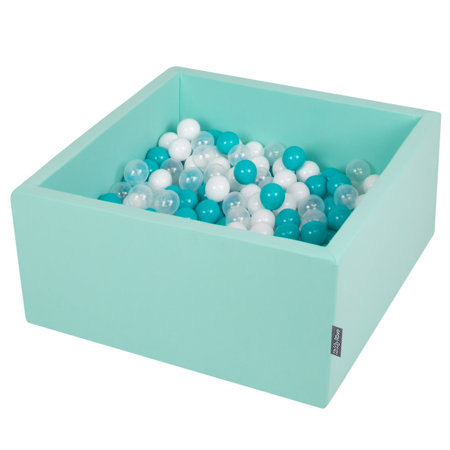 KiddyMoon Baby Foam Ball Pit with Balls 7cm /  2.75in Square, Mint: Turquoise/ Transparent/ White